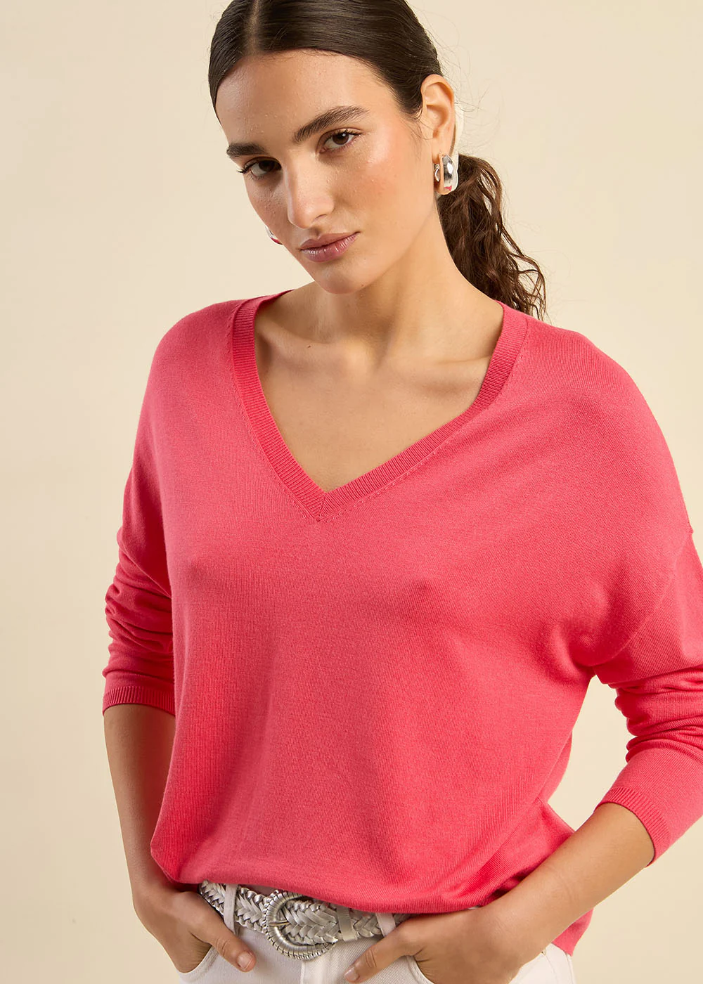 Pull maille fine col V