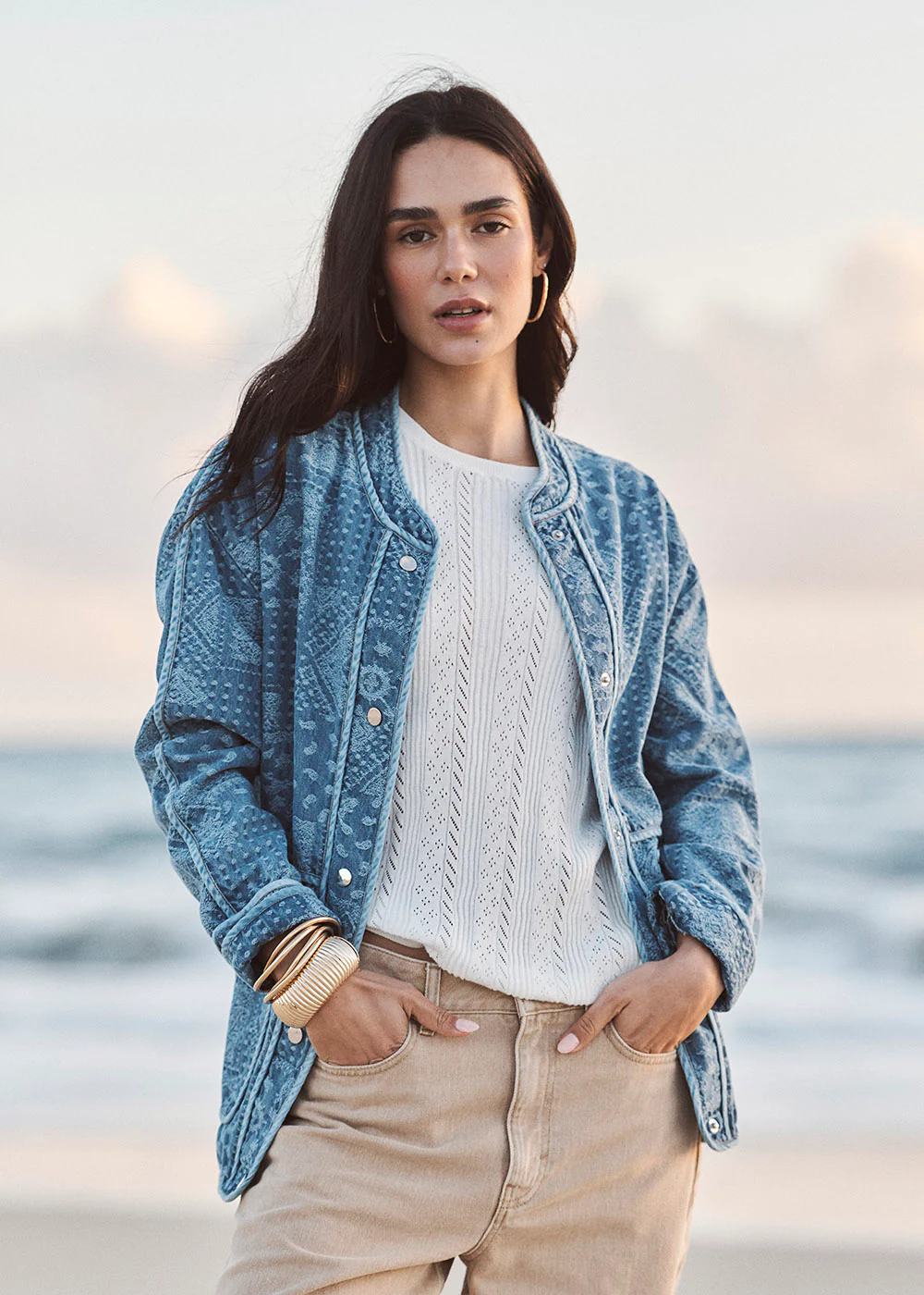Veste jacquard col mao en denim